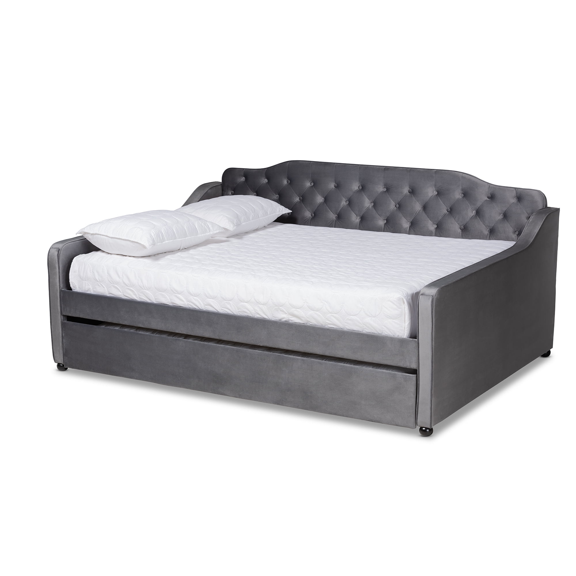 Baxton Studio Freda Transitional and Contemporary Grey Velvet Upholstered and Button Tufted Full Size Daybed with Trundle
