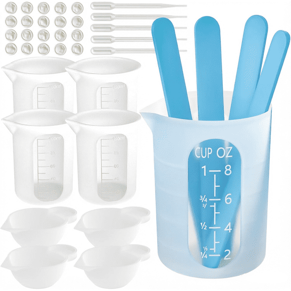 Silicone Resin Measuring Cups Tool Kit-TAETOE 250 & 100 ml Measure Cups, Silicone Popsicle Stir Sticks, Pipettes, Finger Cots for Epoxy Resin Mixing, Molds, Jewelry Making, Waxing, Easy Clean