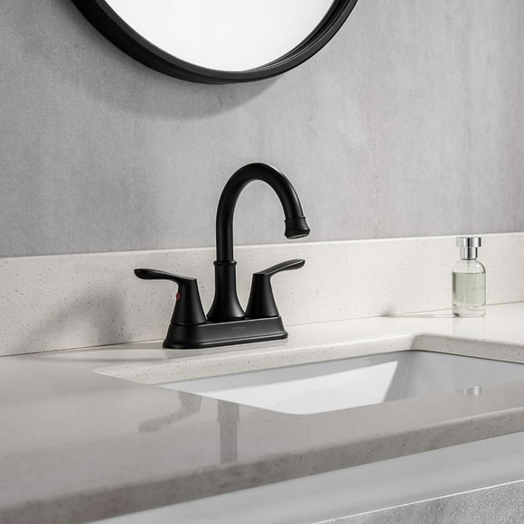 Matte Black Faucet Bathroom 4 inch Centerset with Pop Up Drain Stopper, 2-Handle Bathroom Vanity Sink Faucets for 3 Holes, Bathroom Tap Mixer, High-Arc 360 Swivel Spout