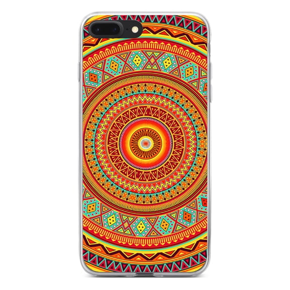 DistinctInk Clear Shockproof Hybrid Case for iPhone 7 PLUS / 8 PLUS (5.5" Screen) - TPU Bumper, Acrylic Back, Tempered Glass Screen Protector - Orange Teal Yellow Tribal Print