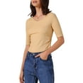 thumbnail image 4 of Camiseta básica casual de mujer con cuello en V, de manga corta, elástica y ligera, talla S, color albaricoque, 4 of 6