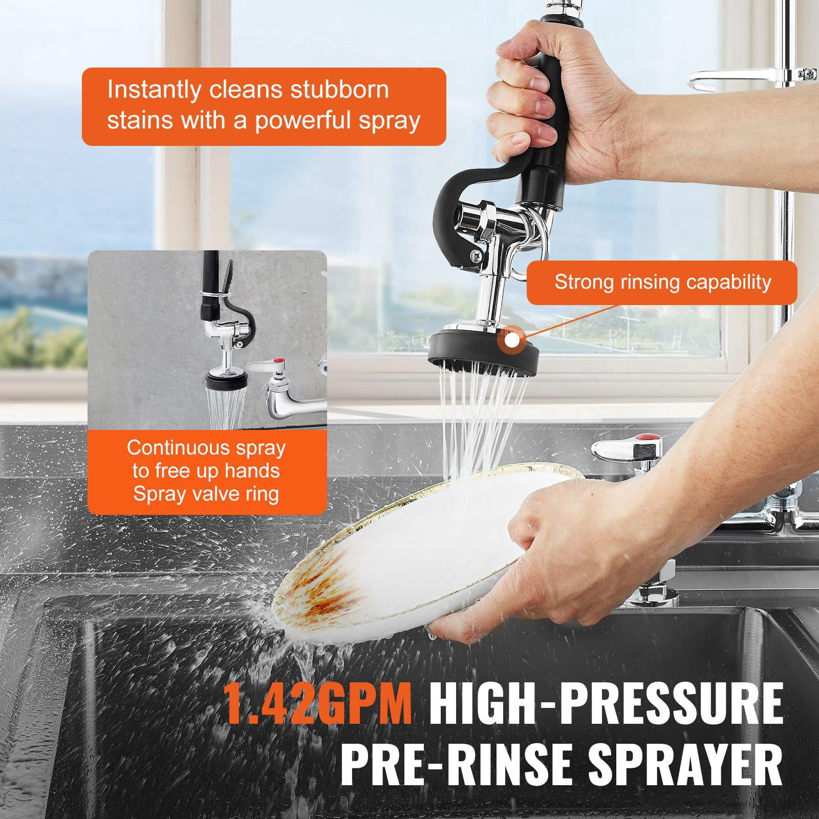 Commercial Kitchen Faucet 26 Inch Height 8 Inch Center 12 Inch Swing Spout Deck Mount Brass Pull Down Spray Pre Rinse for 1 2 3 Compartment Sink