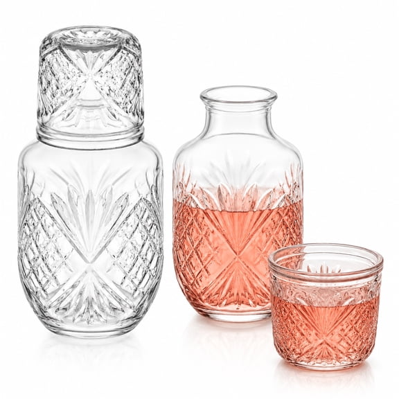 4 Pcs Bedside Water Carafe and Glass Set, 18 oz / 540 ml Vintage Glass Carafe with 5 oz / 150 ml Cup, Embossed Mouthwash Decanter for Bathroom, Nightstand Pitcher for Bedroom