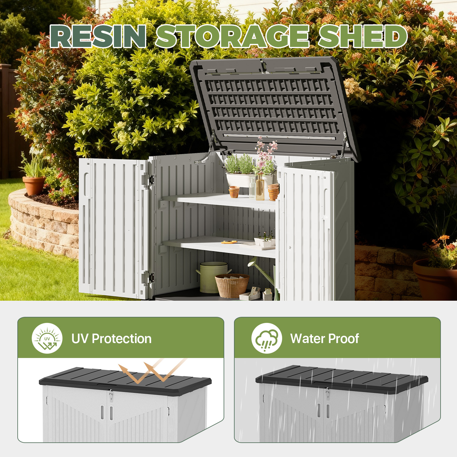 BaPiPro 35 Cu.Ft Outdoor Storage Cabinet with 2 Shelves - Waterproof Horizontal Resin Storage Shed for Tools, Garbage Bins, Generator & Lawn Mower，White