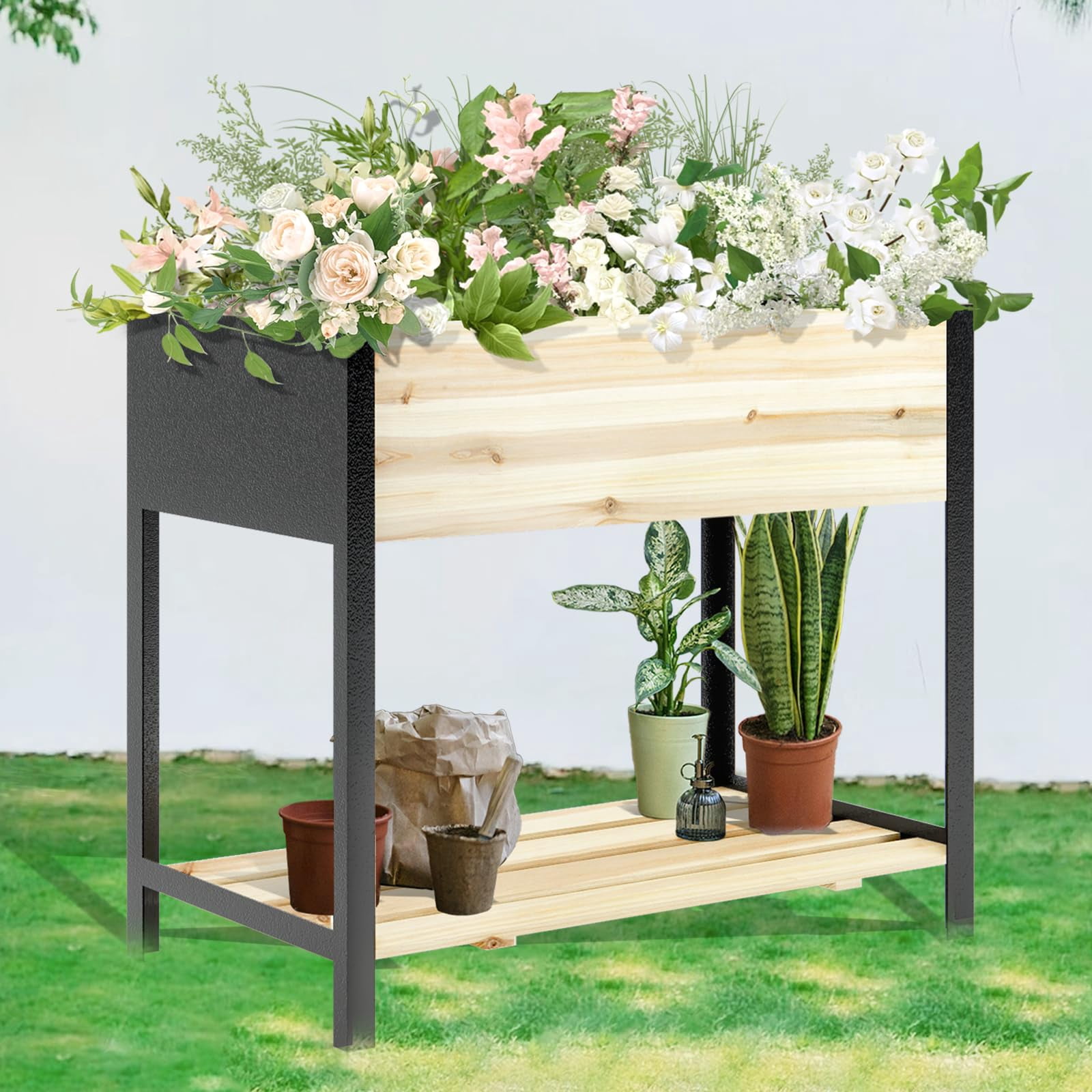 Raised Garden Bed with Legs Metal & Wood Elevated Planter Box Outdoor 4 Legs, 36(L) x18(W) x30(H) Inch