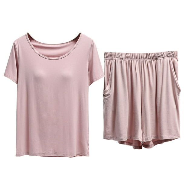 Gibobby Pijamas para mujer Mujeres con sujetador con almohadilla en el pecho Camiseta de manga corta Top 5 Pantalones Conjunto de ropa fina de verano para el(Rosa,XL)