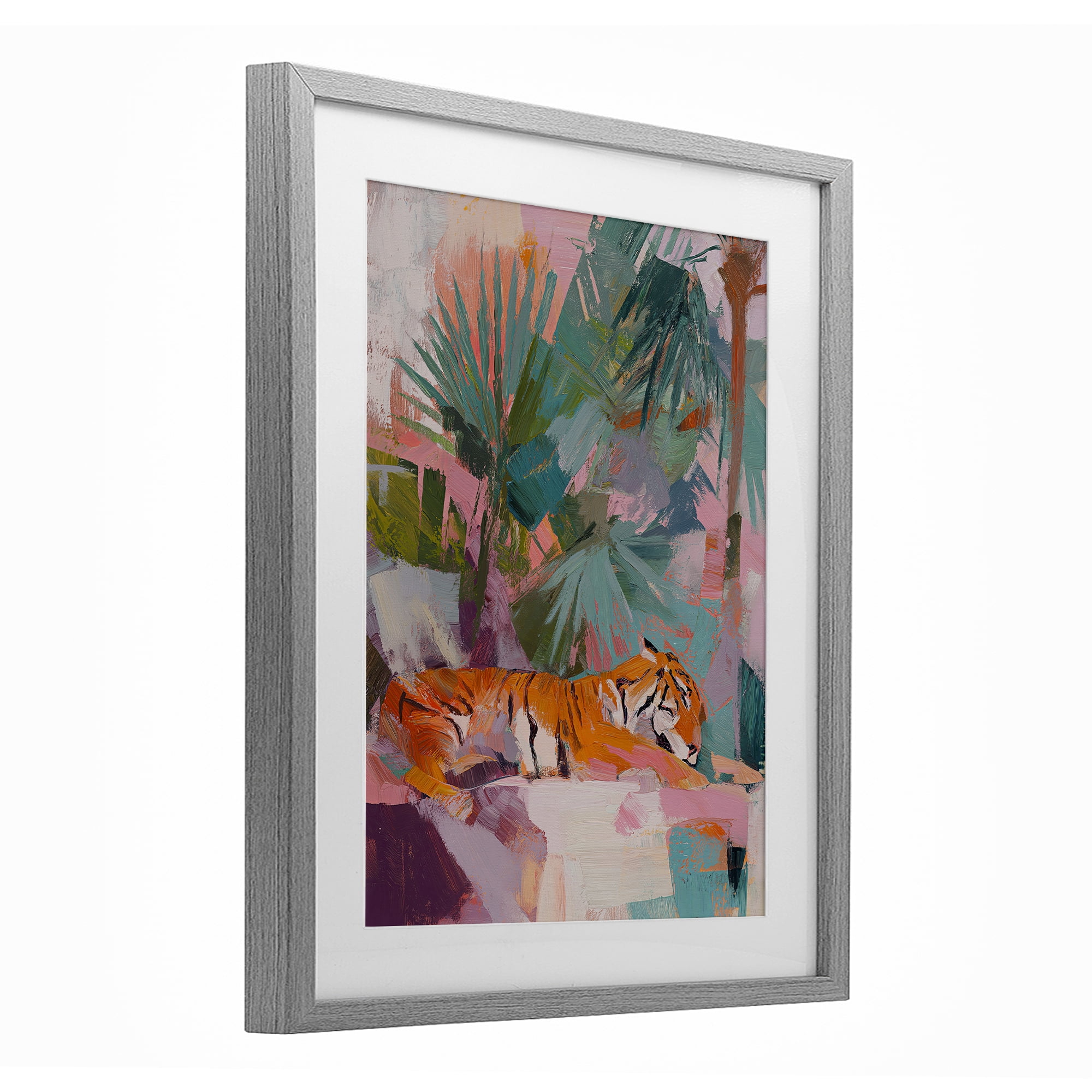 Stupell Industries Resting Tiger Beneath Leaves Gray Framed Print Under Glass, design by Svetlana Aleynikova