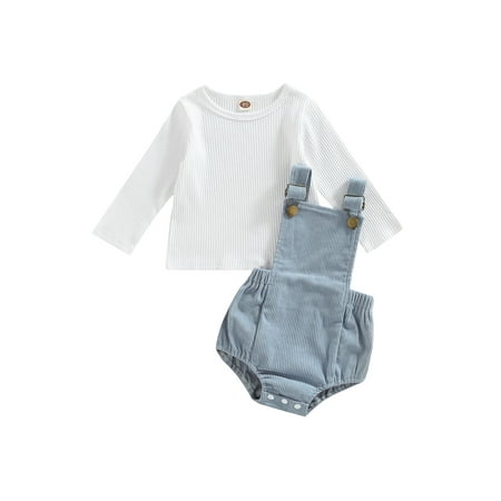 

Newborn Baby Girl Fall Outfits Ribbed Long Sleeve Shirts and Corduroy Suspender Shorts Overalls