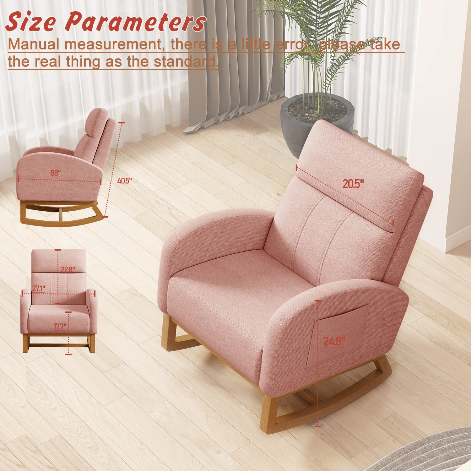 Glider Rocking Chair Nursery Comfy Accent Chair with High Backrest Upholstered Living Room Chairs with Side Pocket Armchair Reading Chair for Bedroom Nursery Office,Pink