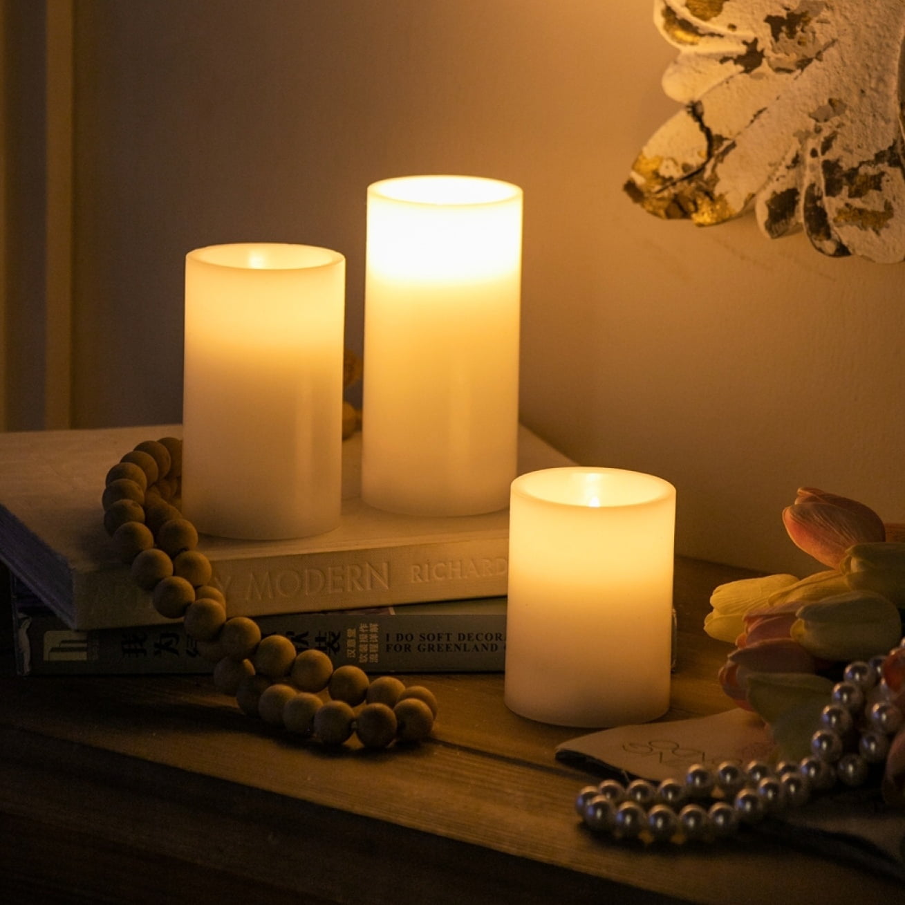 Gzxs Flameless LED Candles Set of 3, Realistic Pillar Candles with Remote and Timer, Battery Operated Candles for Room Fall Decor Wedding Christmas Decorations (White)