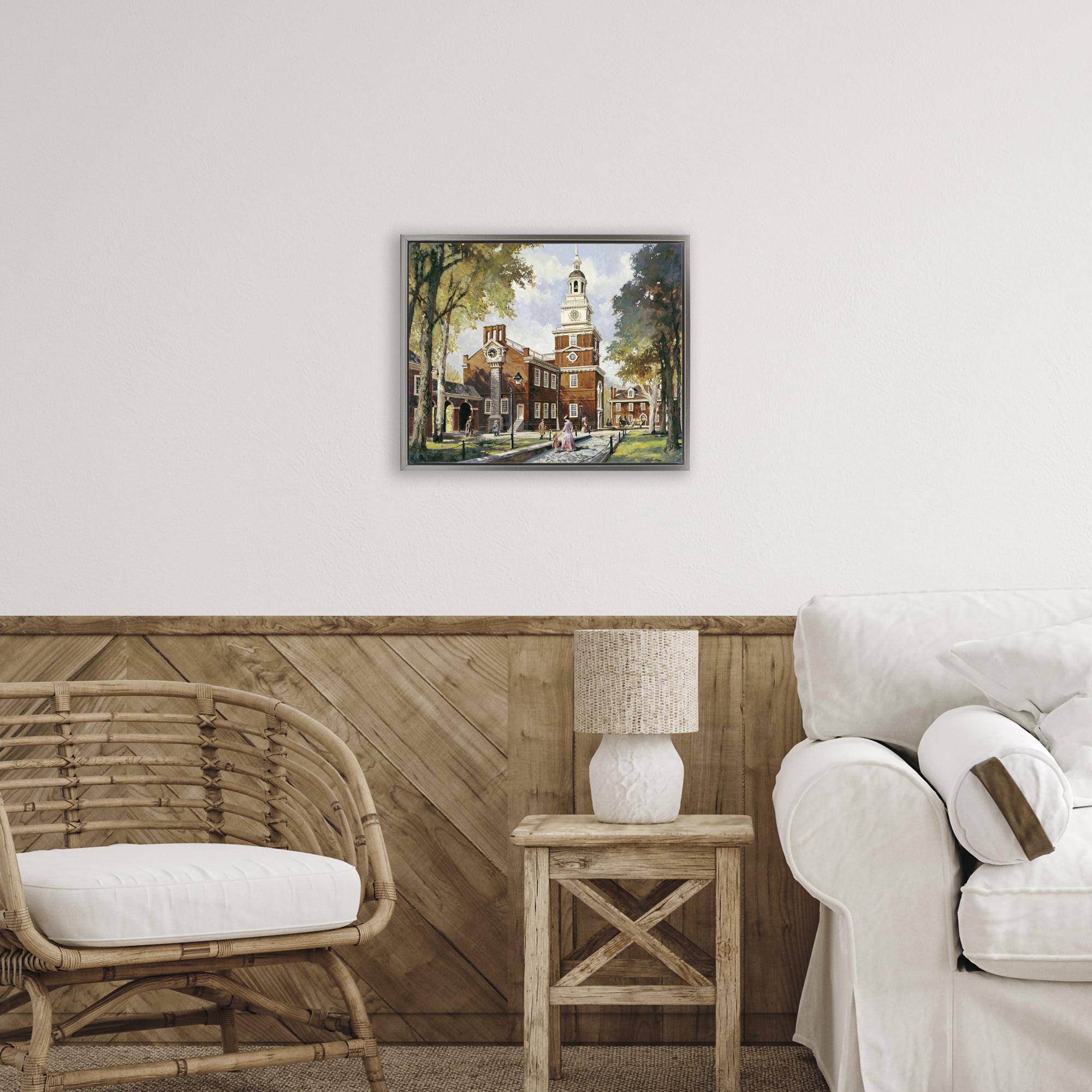 Independence Hall Colonial Times Gray Framed Floater Canvas Wall Art, design by Wind River Studios