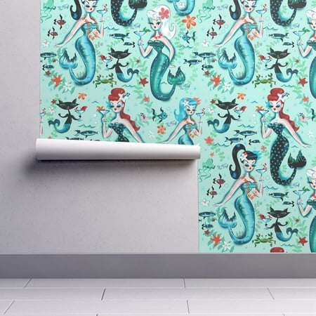 Removable Water-Activated Wallpaper Mermaids Mermaids Retro Cocktail