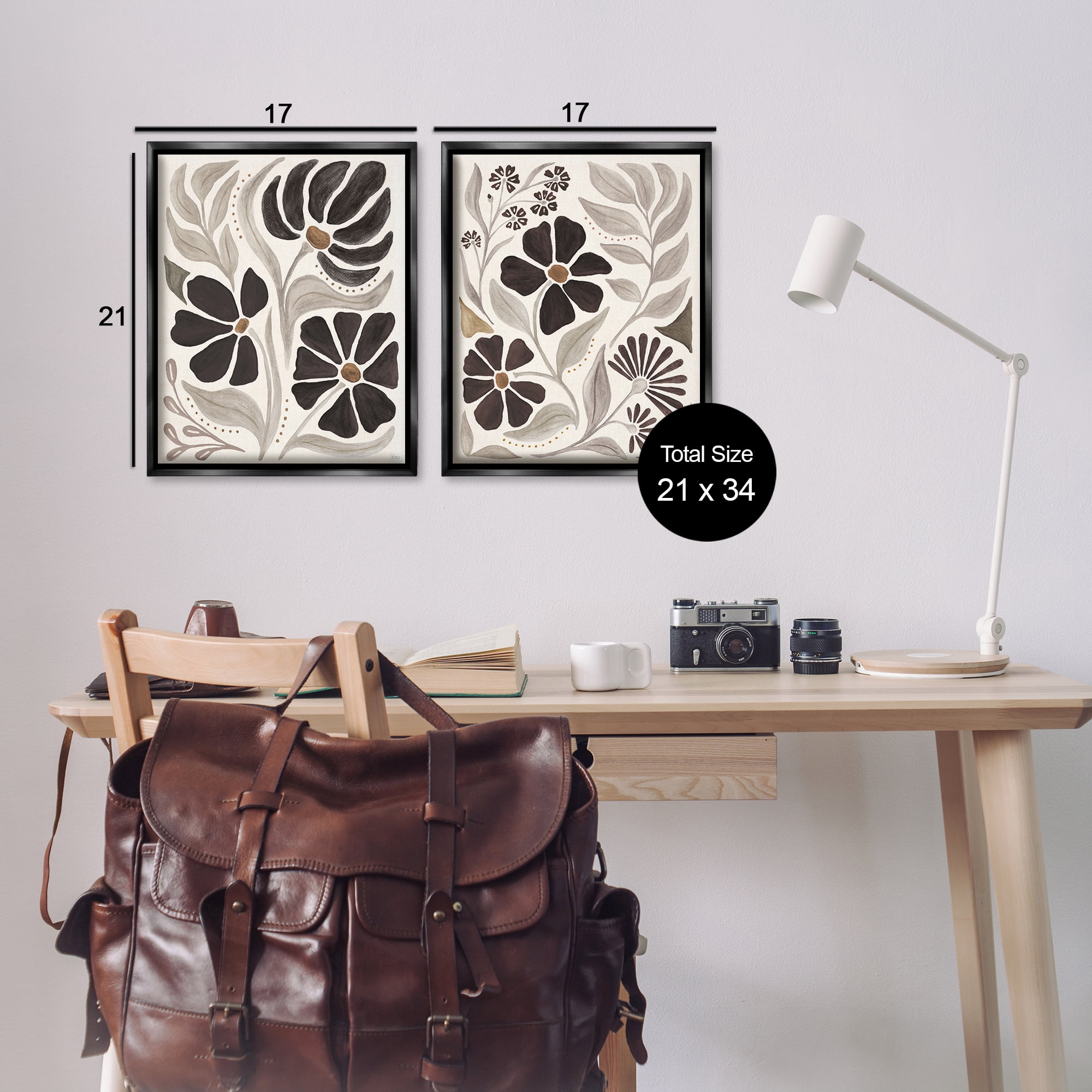 Stupell Industries Modern Neutral Petals Plants & Flowers Painting Black Floater Framed Canvas Art Print Wall Art, 17 x 21, Set of 2