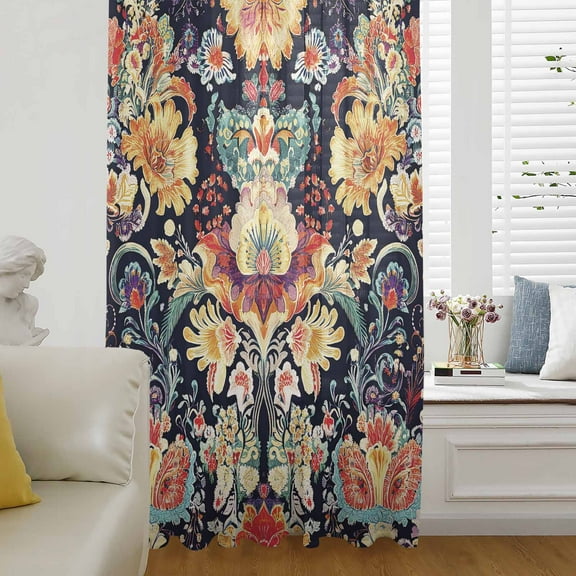 Vintage Flowers Semi Sheer Curtains Drapes for Living Room, Bedroom, French Doors Window 108 Inches Long, Ethnic Boho Floral Botanical Black Rod Pocket Chiffon Curtain Drapery Voile Draperies Panel