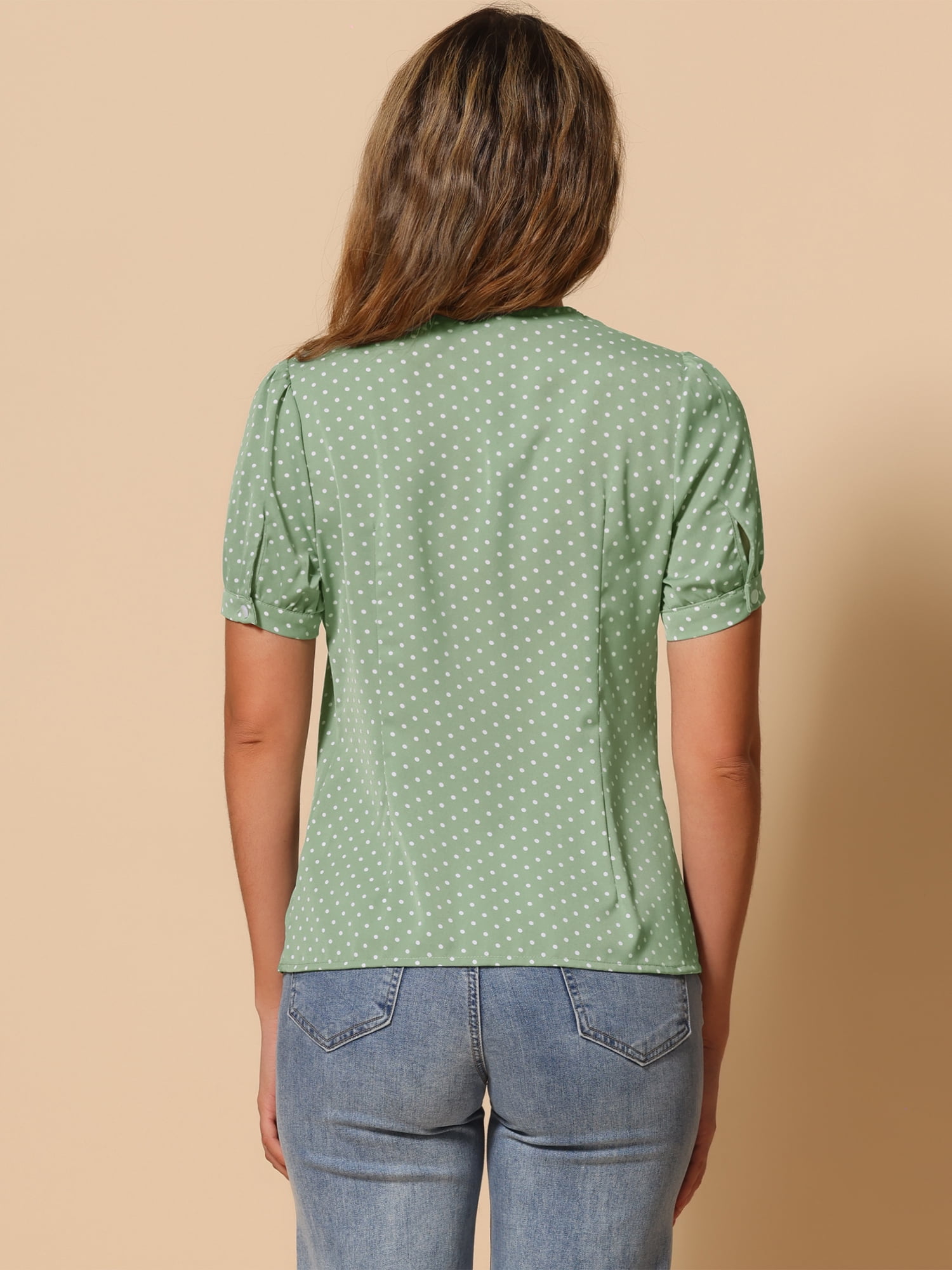 DARING DIVA Women's Polka Dots Peter Pan Collar Puff Sleeve Shirt Top L Light Green