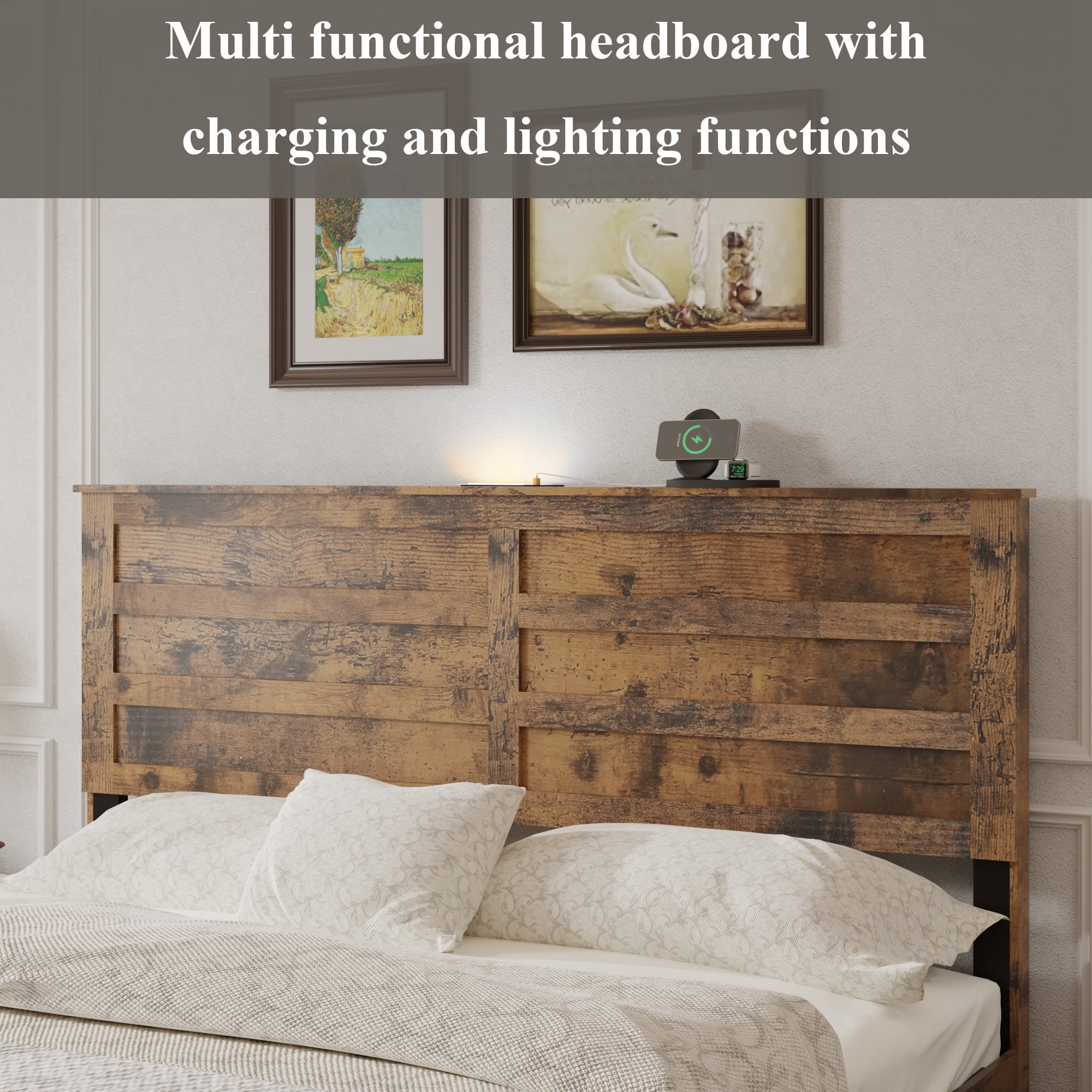 Mintazer Farmhouse&nbsp;Queen Bed Frame with 2 Storage Drawers, Wooden Platform Bed with LED Headboard & Charging Station, No Box Spring Needed, Brown