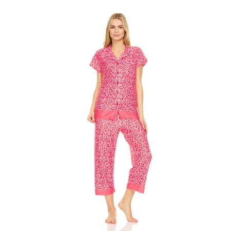 Lati Fashion Women Pajamas Set Capri and Button Down Top Short Sleeve  2-Piece Female Pajamas Set Red L