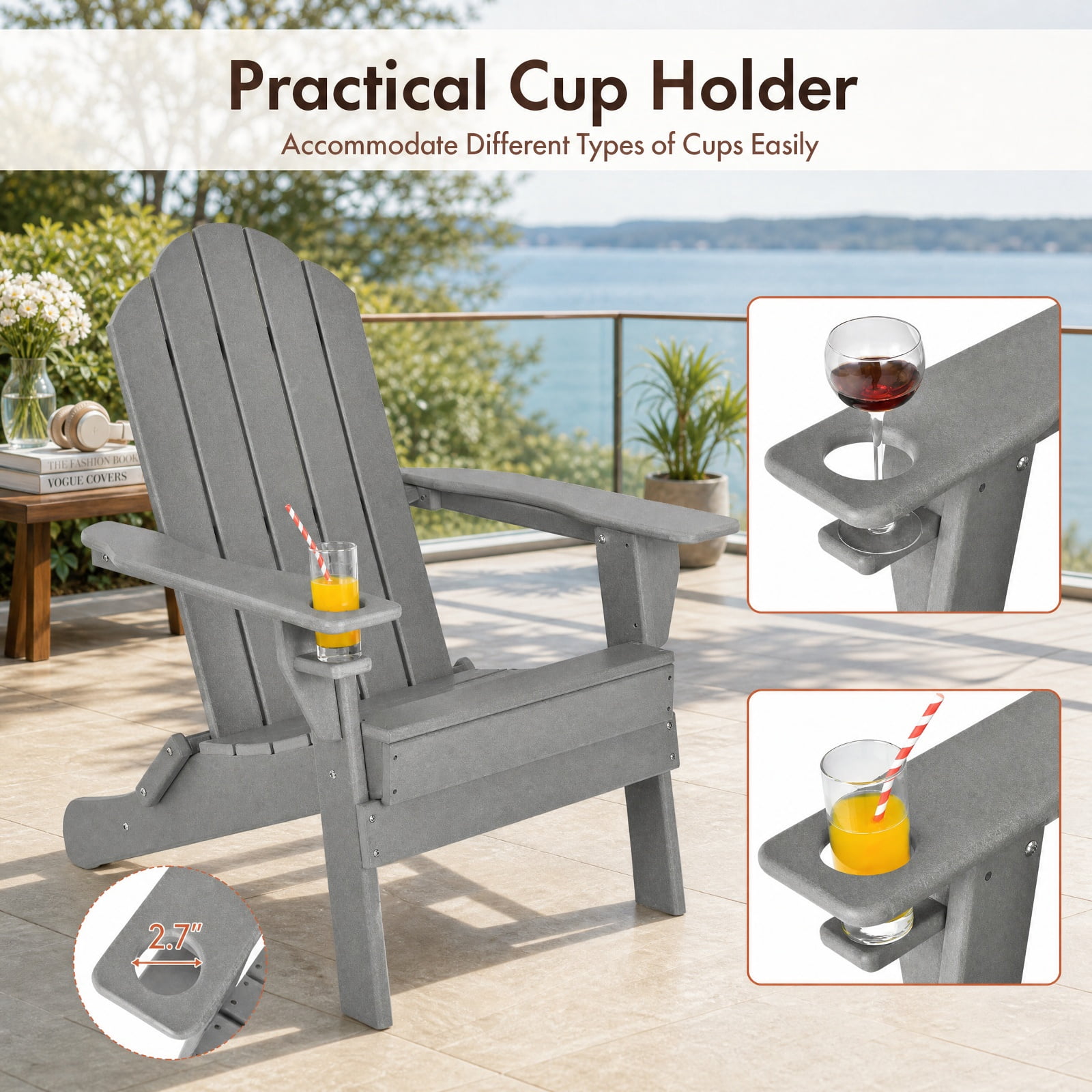 Furnibear Foldable Weather Resistant Adirondack Chair with Built-In Cup Holder Wide Armrests and Ergonomic Seat for Patio Deck and Garden, Gray