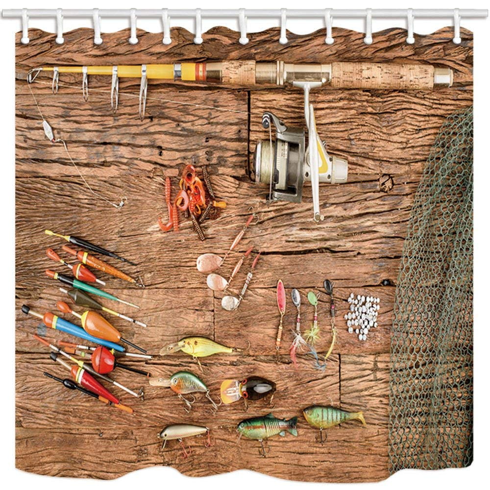 ARTJIA Nautical Fishingfor Fish Rod with Lure on Wooden Polyester