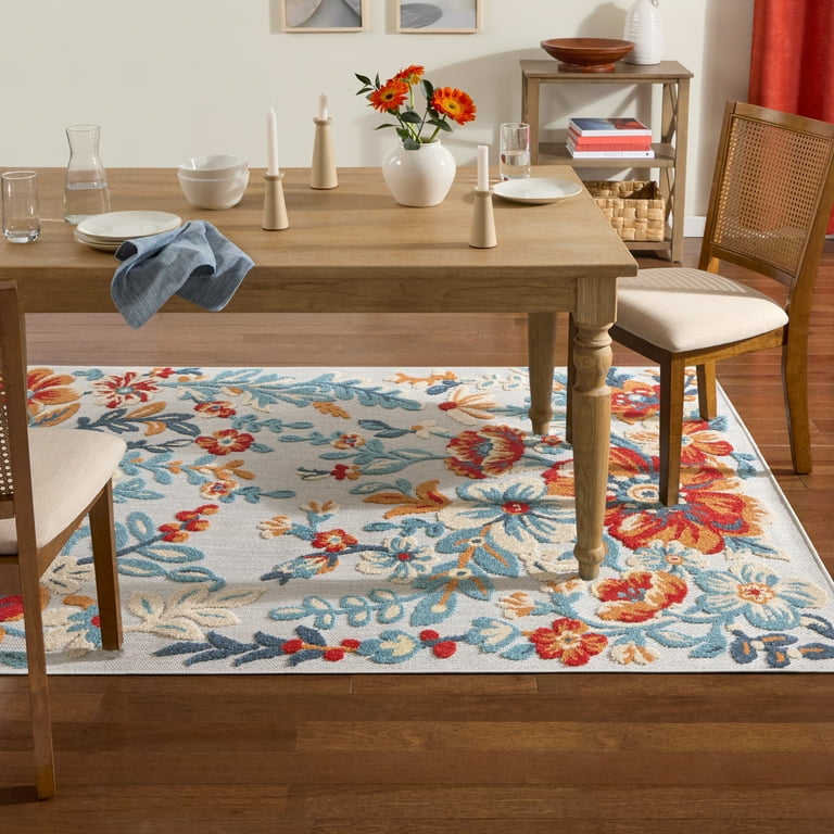 6' X 9' Ivory And Blue Floral Stain Resistant Indoor Outdoor Area Rug 6' X 9' Ivory And Blue Floral Stain Resistant Indoor Outdoor Area Rug