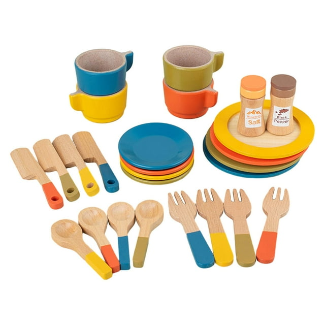 Platos de juguete de madera, vajilla, platos de juego para niños, tenedores de colores a juego, juegos de rol para niños pequeños, niños de 3, 4, 5 y