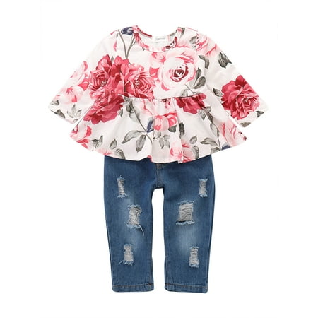 

KIMI BEAR Infant Baby Girls Outfits 12 Months Infant Girls Autumn Winter Outfits 18 Months Infant Girls Sweet Rose Print Long Sleeve Top + Denim Pants 2PCs Set Pink