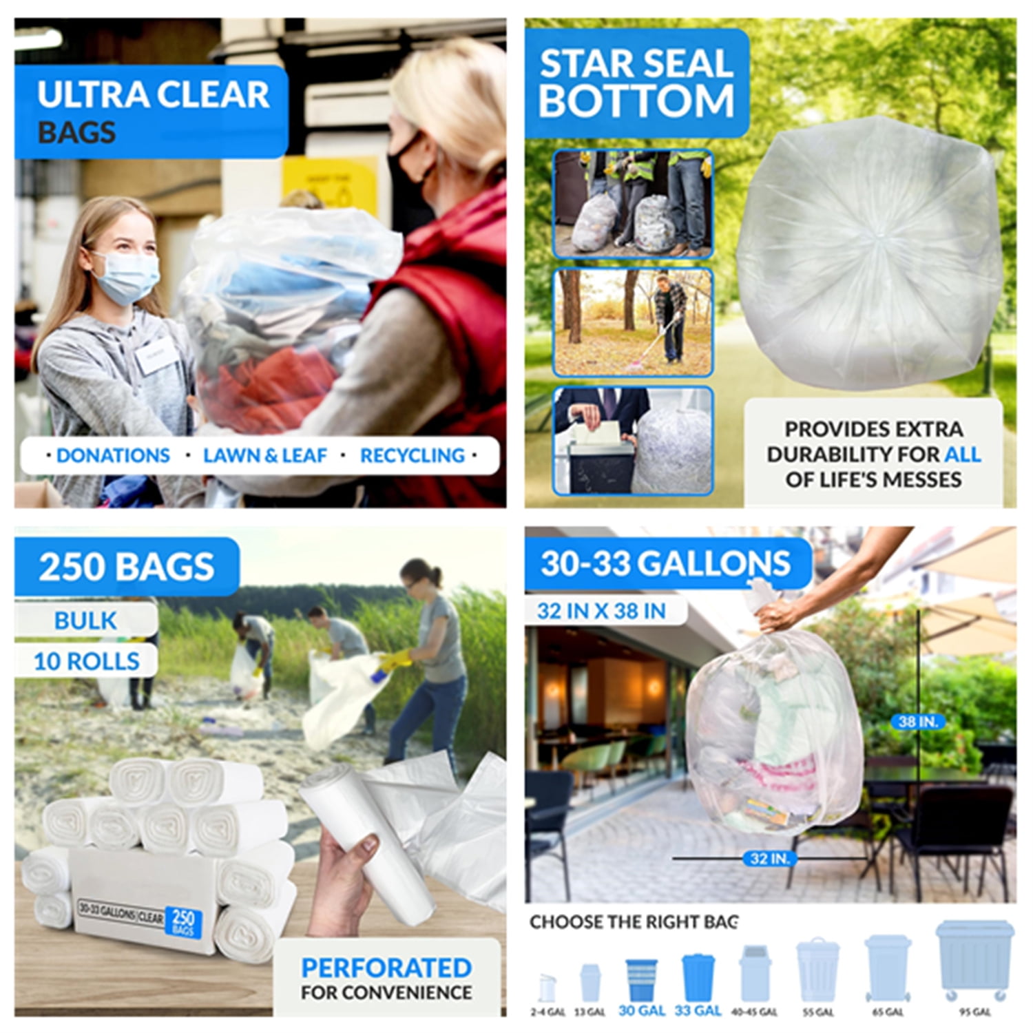 30-33 Gallon Trash Bags Heavy Duty | 250 Count Bulk | Clear Large Trash Bags 30+, 32 Gallon