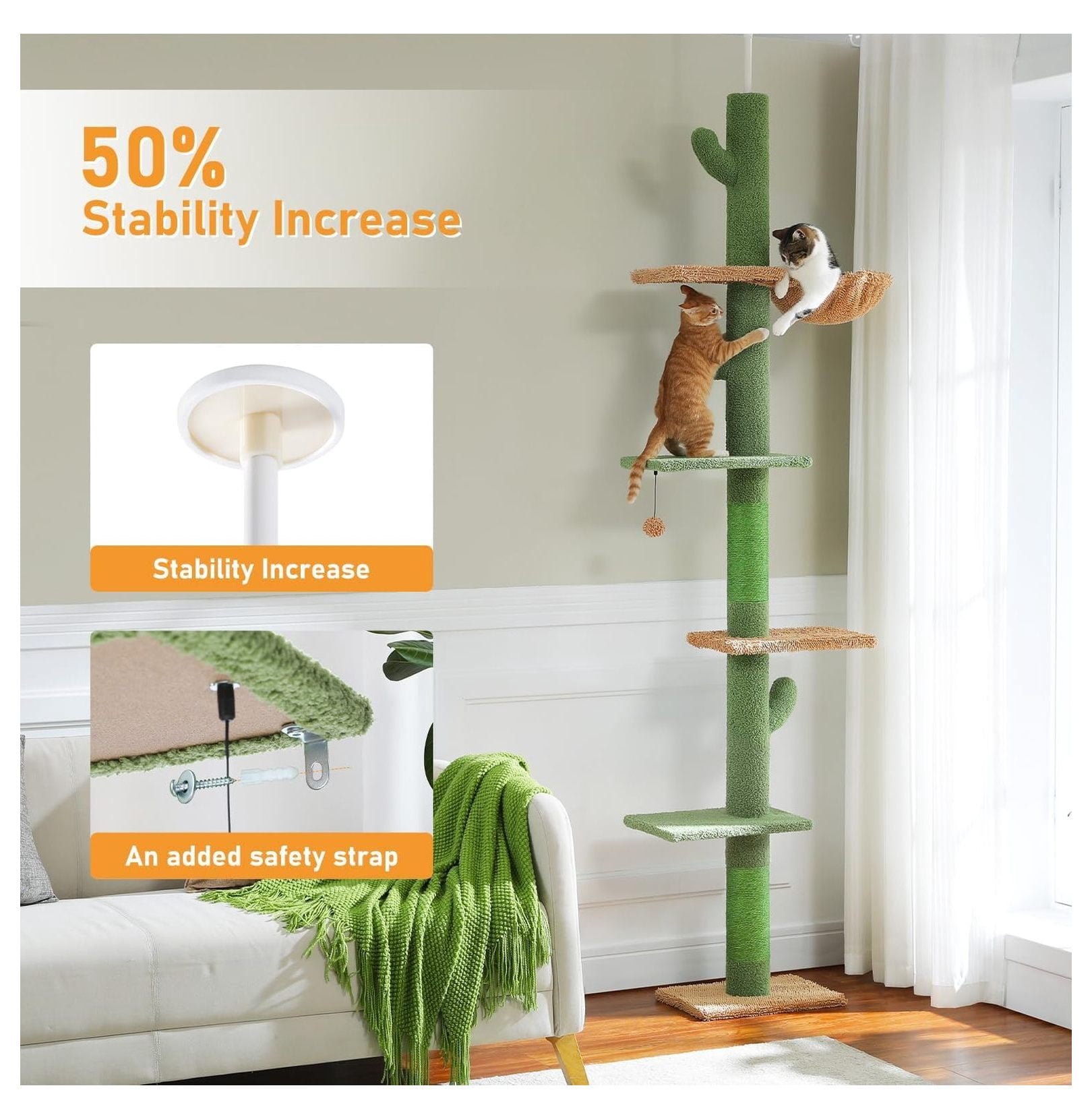 Cat Tree Cactus Tower, 95-108 Inch Adjustable Floor to Ceiling Cat Climbing Tower, 5 Level Cat Tree with Hammock & Scratching Posts for Indoor Cats
