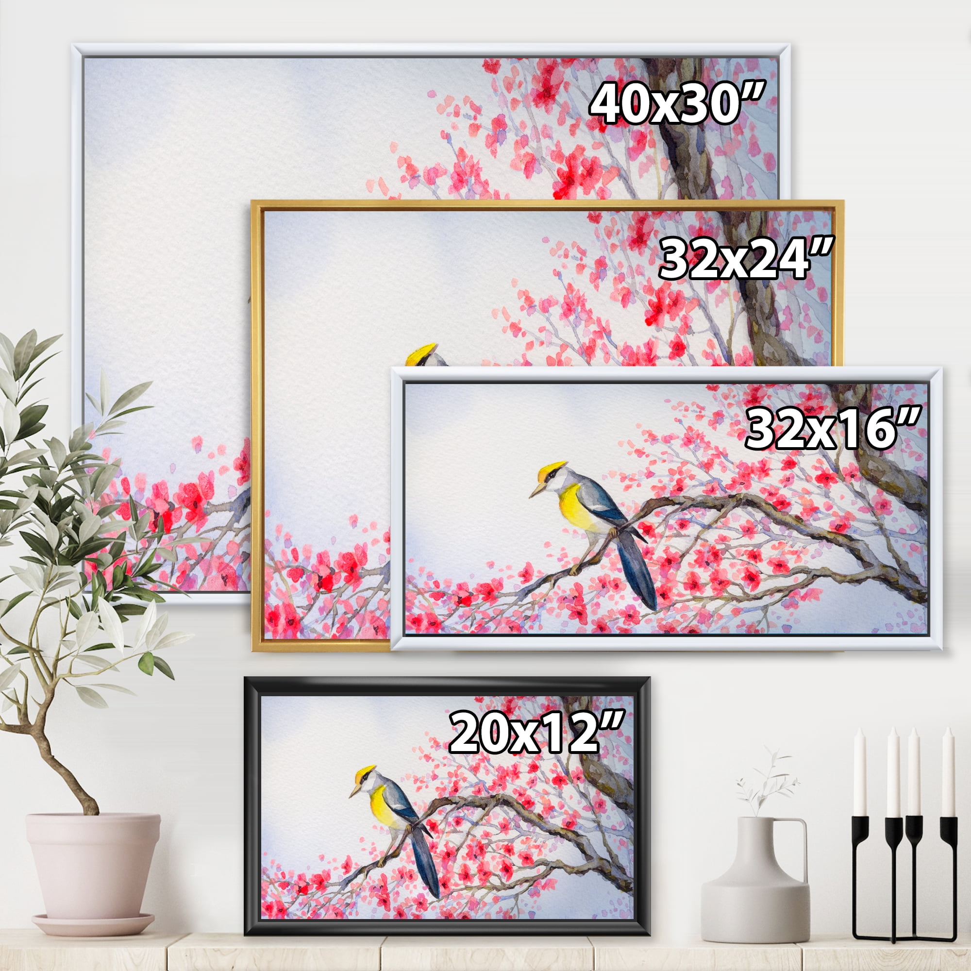 Designart 'Beautiful Red Bird Sitting On Flowering Branch II' Traditional Framed Canvas Wall Art Print