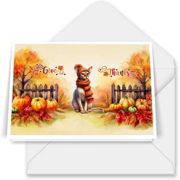 Happy Thanksgiving Sphynx Give Thanks Fall Beanie Scarf Welcome 7x5in Folded Greeting Card Cat Lover Kitten Owner Gifts Idea Single Note Card with Envelope - 00020