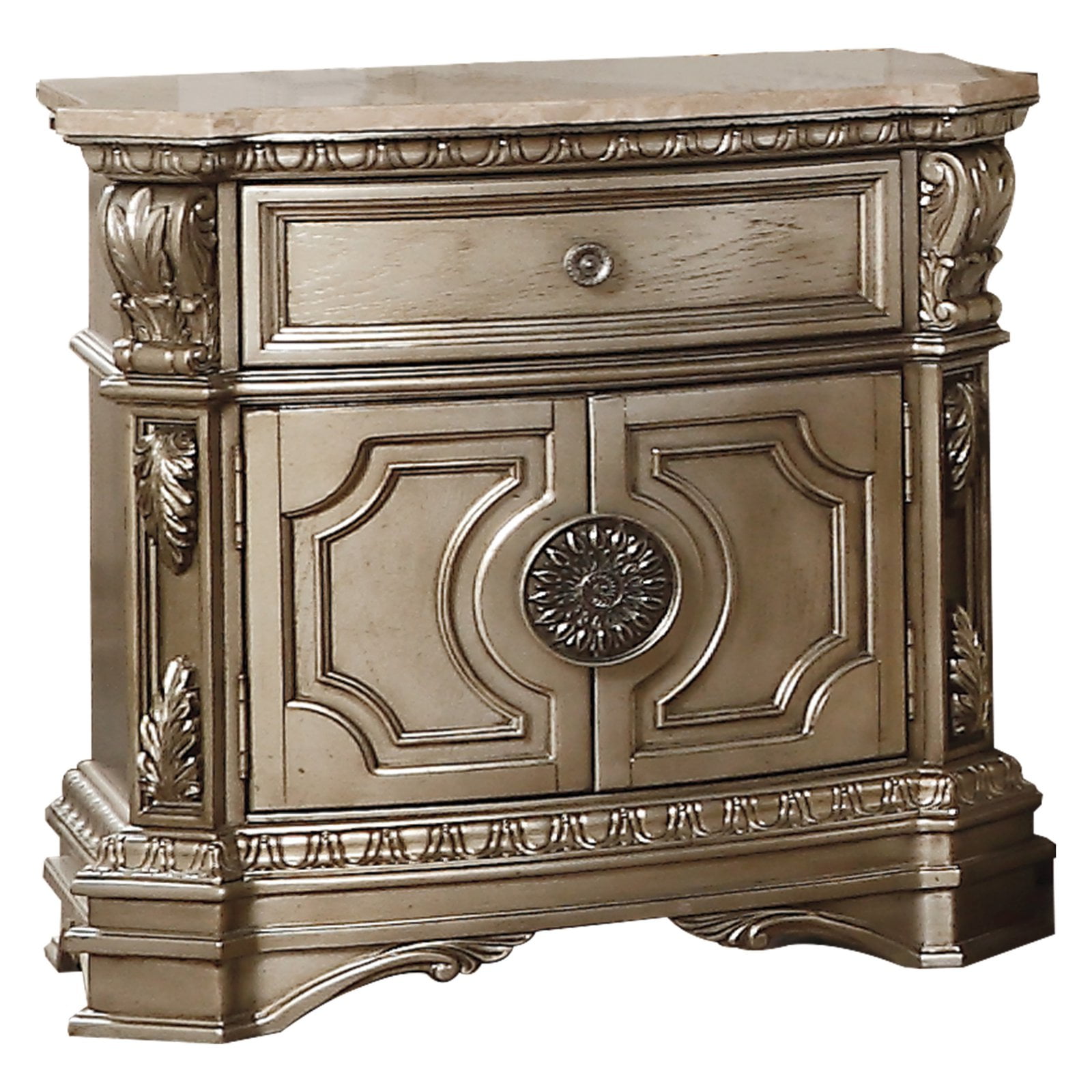 ACME Northville Marble Top Nightstand in Antique Silver