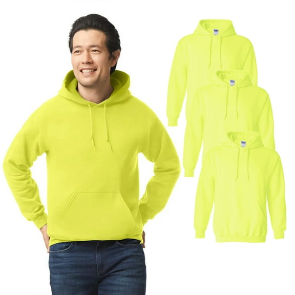 Gildan- High Visibility Safety Green Hooded Sweatshirt for Men | Pack of 3 Hi Vis Heavy Blend Fleece Pullover Hooded Sweater, 8oz, 50/50 Cotton/Polyester, Size S