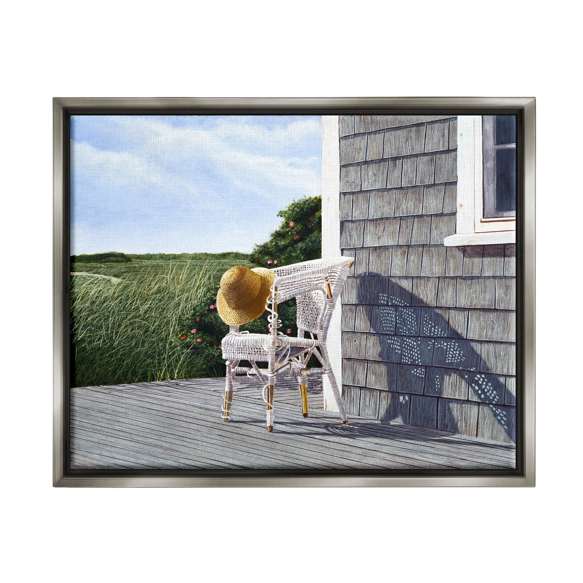 Stupell Industries Seaside Porch Landscape Rural Grassland Hills Painting Luster Gray Floating Framed Canvas Print Wall Art, Design by Tom Mielko