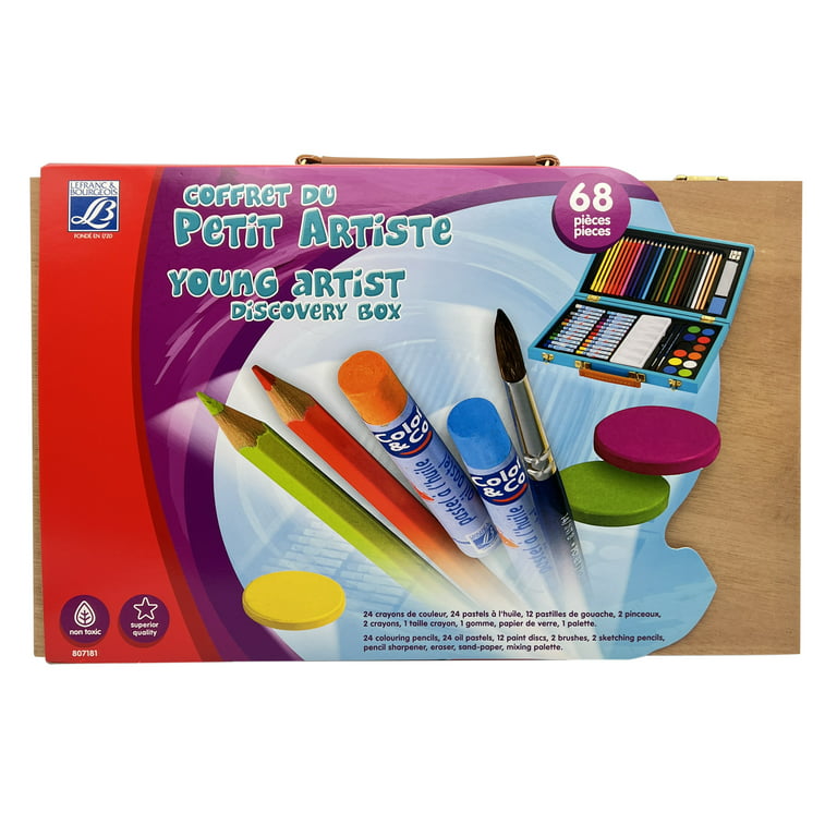 Gouache paint and pastel crayons. Kit the young artist