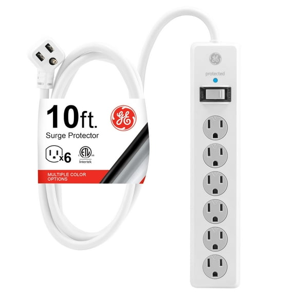GE Protector contra sobretensiones de 6 tomacorrientes, cable de extensión de 10 pies, regleta de alimentación, 800 julios, enchufe plano, cubiertas de seguridad de giro para cerrar, certificación UL,