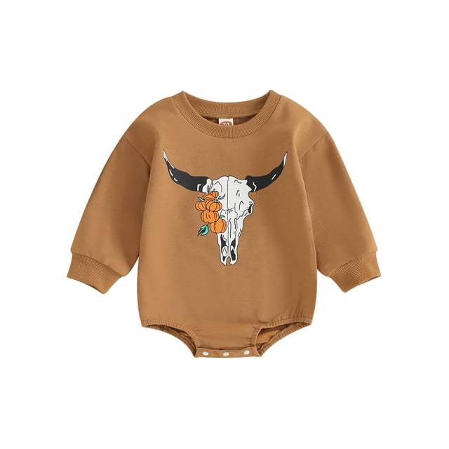 ZAXARRA Baby Girls Boys Fall Sweatshirts Rompers Pumpkin Cow Pattern Crewneck Long Sleeve Infant Fall Bodysuits