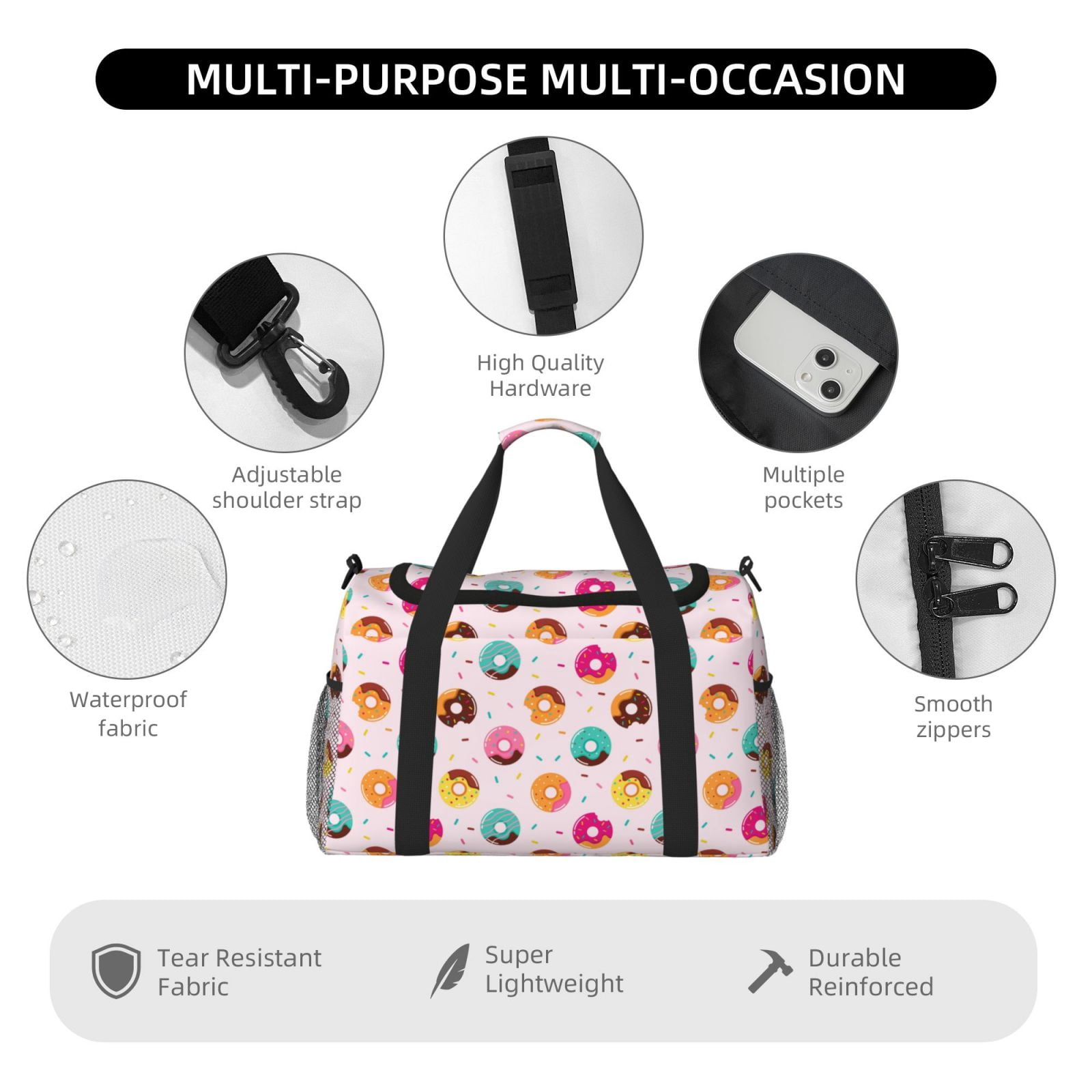 Fuzoiu Donut Print Travel Duffle Bag,Carry On Tote Bags,Duffel Bag,Sport Gym Bag, Hospital Bag for Labor and Delivery, Overnight Bag,Luggage Bag