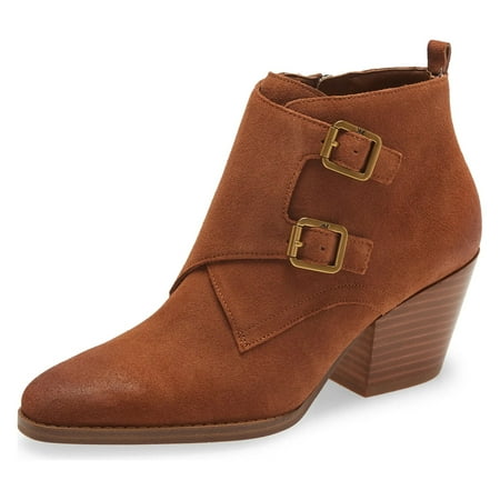 YDN Women Closed Almond Toe Side Zipper Ankle Booties Chunky Low Stacked Heel Double Strap Boots Date Office Shoes Size 16 Brown