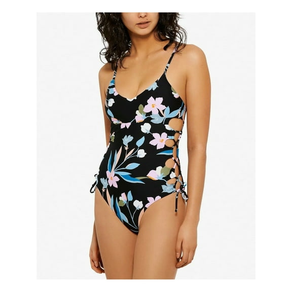 HULA HONEY Women's Black Lace-Up-Sides Lined Deep V Neck Adjustable One Piece Swimsuit XS