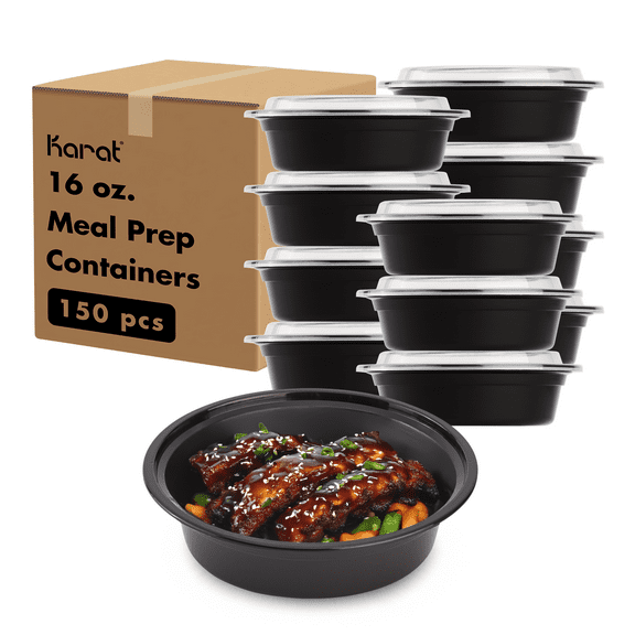 Karat [150 Pack - 16oz] Reusable Microwavable Meal Prep Containers with Lids | Black Round Plastic Food Containers (IM-FC4016B)