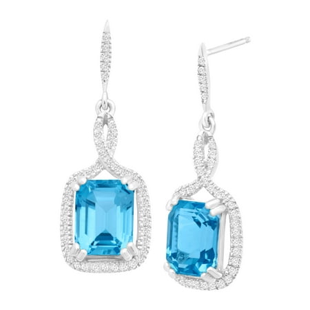5 3/4 ct Natural Swiss Blue Topaz & 1/3 ct Diamond Drop Earrings in 14kt White Gold