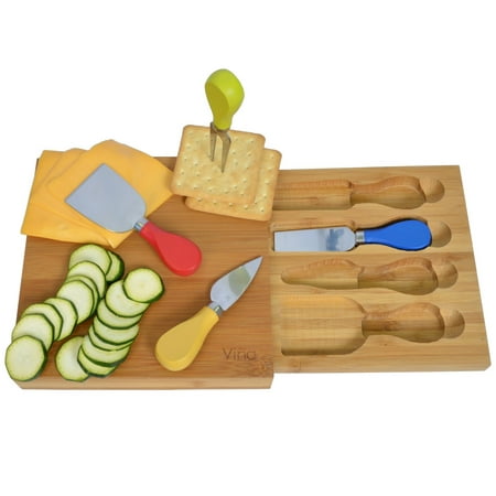 Vina Premium Bamboo Cheese Board Set with Storage Drawer & 4 Piece Cheese Knife Set –Small 8