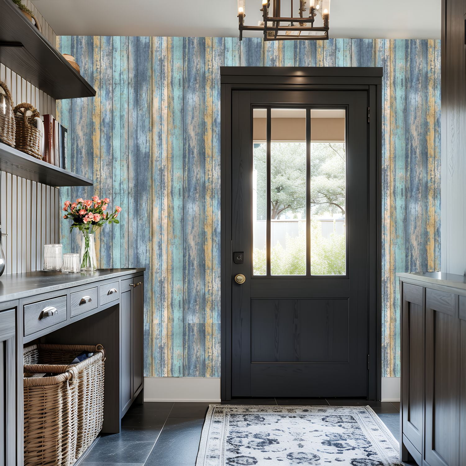 Vintage Peel and Stick Wallpaper Rustic Weathered Wood Plank Texture Blue Beige Tones Wall Mural 17.7in x 9.8ft Self Adhesive Removable Wall Paper Renter Friendly Wallpaper for Bedroom Cabinets