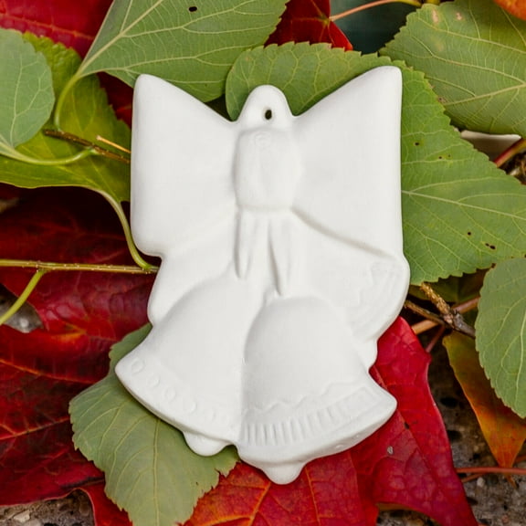 Christmas Bow Bells Tree Ornament 3.6" Ceramic Bisque Ready To Paint Pottery