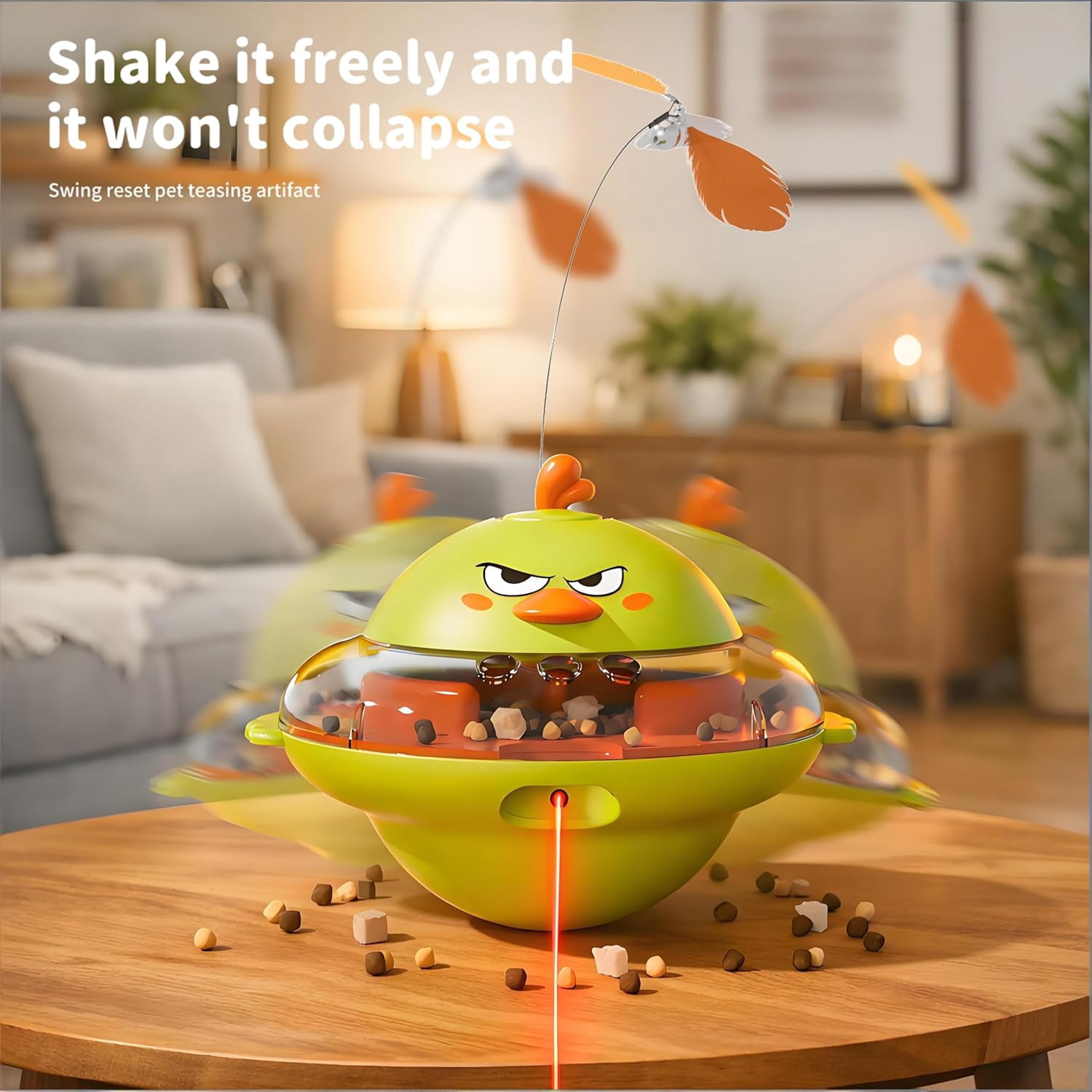 4-in-1 Automatic Cat Interactive Toy, Self-Balancing Spinning Laser Pointer w/Feather Teaser&Treat Dispenser, Bird Chirping, 360 °   Rotation, Quad-Sensory Boredom Relief for Indoor Cats