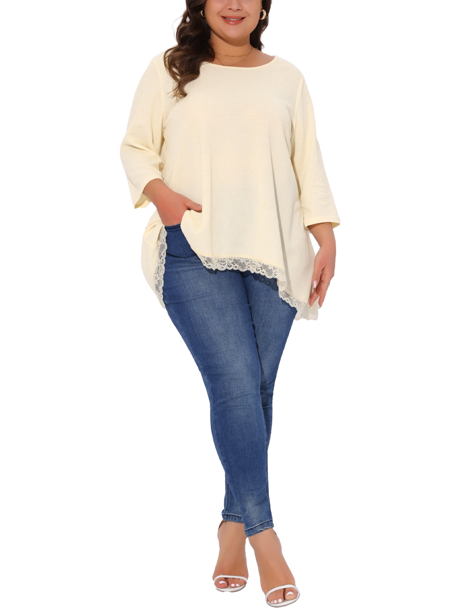 DARING DIVA Women's Plus 3/4 Sleeves Round Neck Lace Panel Top 4X Beige