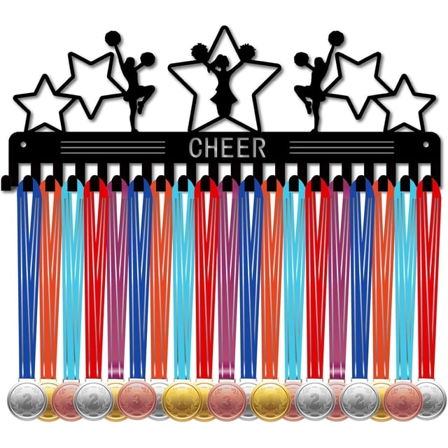 Soportes para medallas de porristas, exhibidor de medallas con estrellas y pentagramas metálicos, organizador de placas para medallas de porristas, colgador de pared negro con 20 ganchos