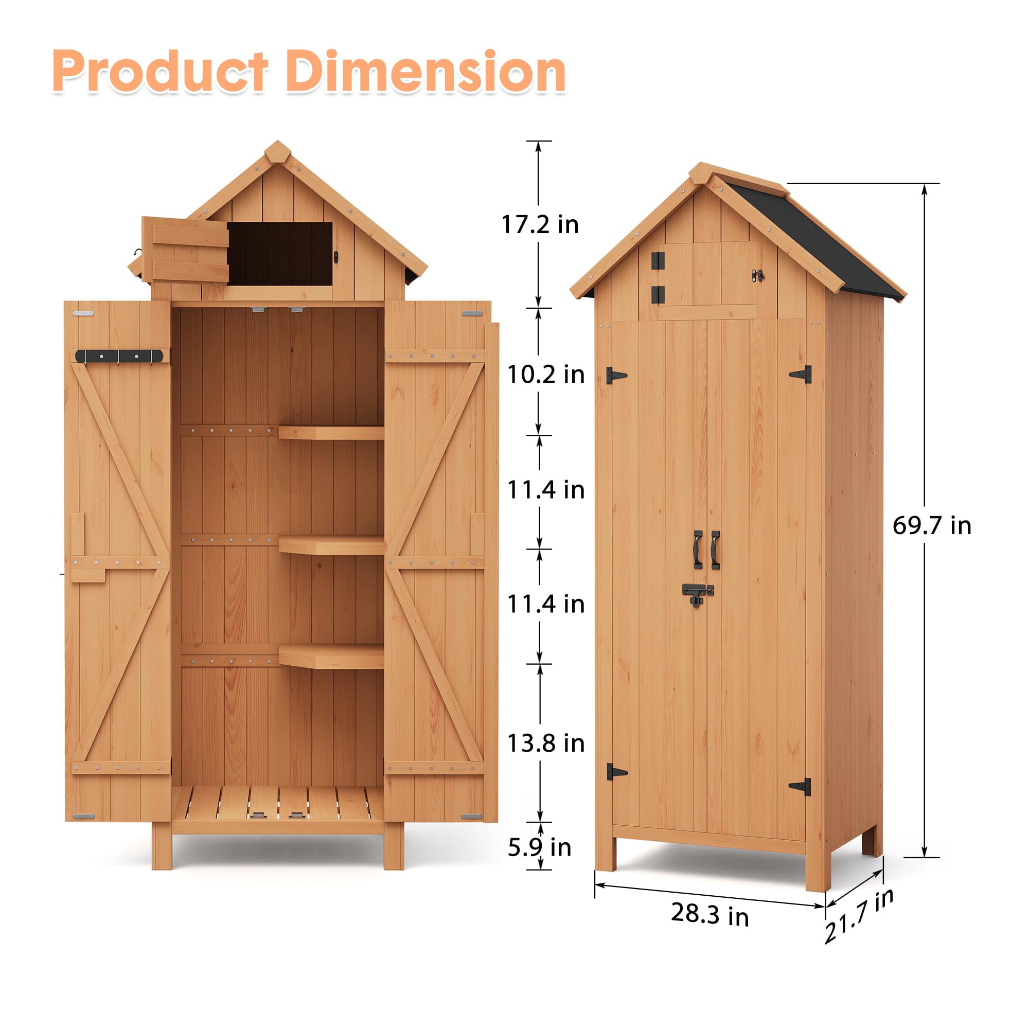BouPower 63"/70" Waterproof Wooden Outdoor Storage Shed – Vertical Garden Cabinet with 3 Shelves, Lockable Door & Roof Storage, Space-Saving Design for Patio, Yard, or Lawn