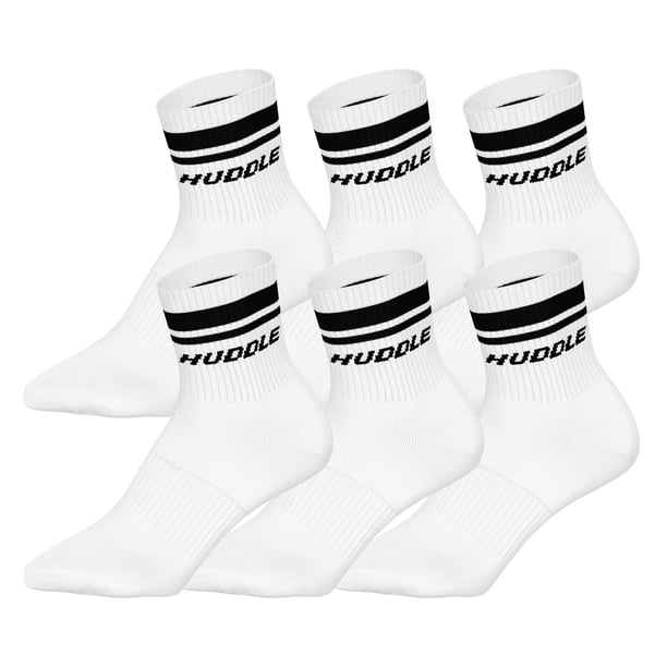 HUDDLE Calcetines Unisex, pack de 6 – Rayas dobles, logo, Short Crew, calcetines deportivos, color liso Blanco 39-42