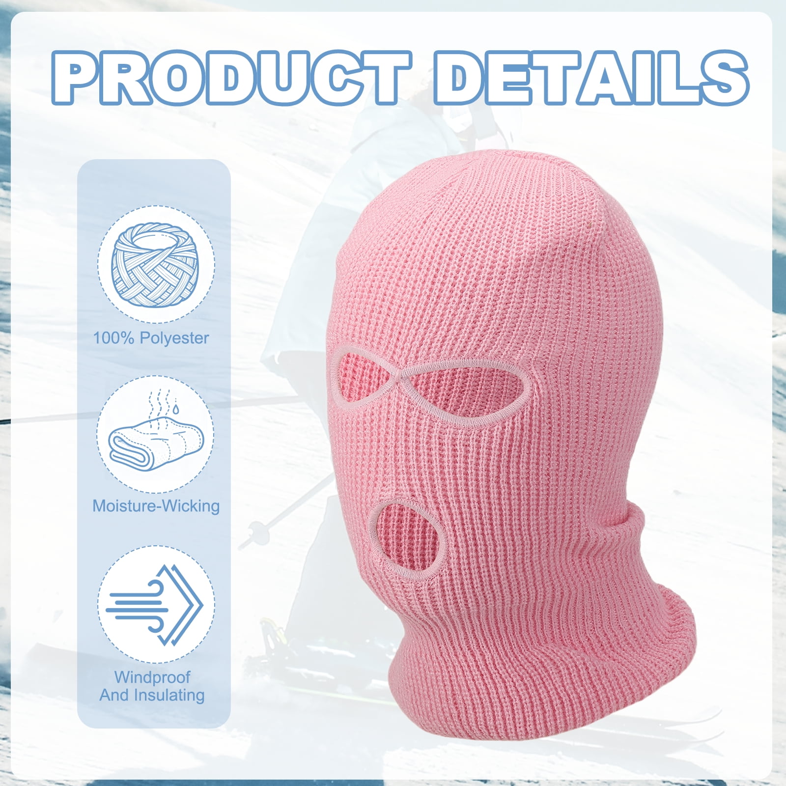 Uxcell 3-Hole Full Face Mask Cover, Ski Mask Knitted Warm Knit Cover Winter Balaclava Face Mask Cap Ski Polyester& 2 Pcs& Light Pink -Fitting for ( Men/Women/Winter Outdoor Sports/Skiing)